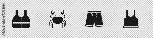 Set Life jacket, Crab, Swimming trunks and Sleeveless T-shirt icon. Vector