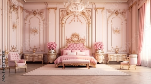 luxury interior of large bedroom in pink colors with expensive furniture in rich. generative ai