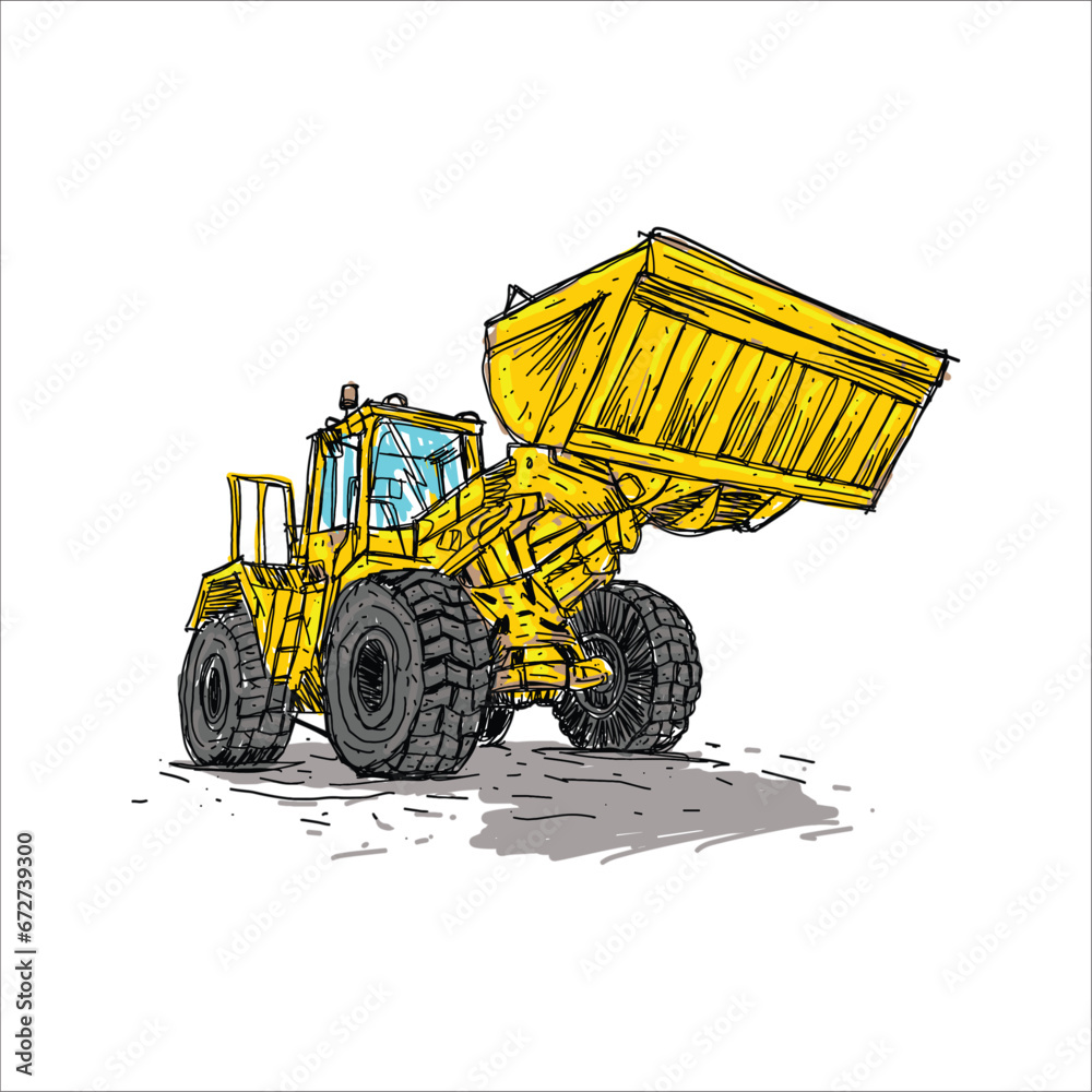 Obraz premium excavator Wheel loader heavy construction machine hand drawn vector ilustration 