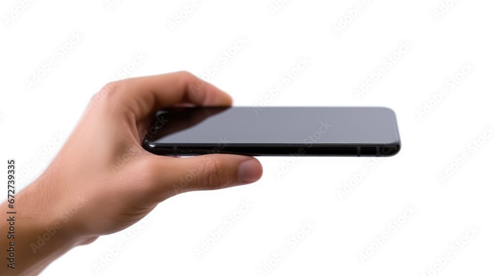 Man hand holding the smartphone with a black screen isolated on a white background. Mobile mockup concept. Generative AI Man hand holding the smartphone with a black screen isolated on a white background. Mobile mockup concept. Generative AI