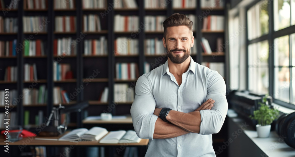 Hombre Guapo Musculado fuerte en camisa con librería de fondo Hombre Guapo Musculado fuerte en camisa con librería de fondo