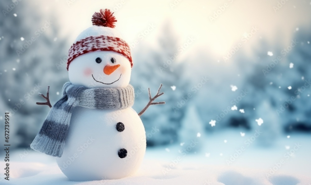 Fototapeta premium Happy snowman in winter landscape