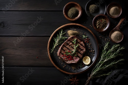 Grilled beef steak with spices, seasoning on black wooden board background. Top down view. Delicious juicy steak on wood counter.  Generative AI.