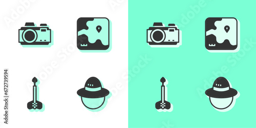 Set Camping hat, Photo camera, Arrow and Africa safari map icon. Vector