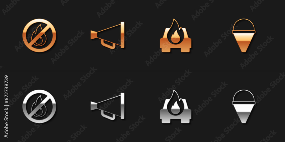 Set No fire, Megaphone, Burning car and Fire cone bucket icon. Vector Set No fire, Megaphone, Burning car and Fire cone bucket icon. Vector
