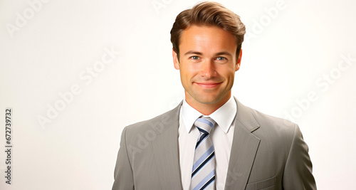 Hombre Joven vestido formalmente en traje de frente con fondo blanco
