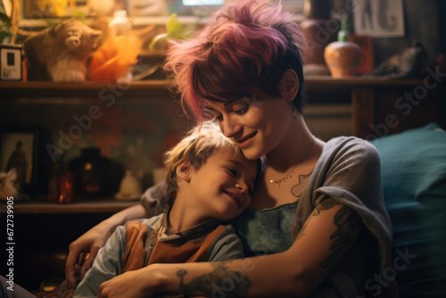 Smiling young woman with pink hair sitting on sofa and hugging her child.
