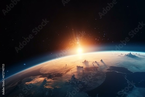 View of the Earth, star and galaxy. Sunrise over planet Earth, view from space. Concept on the theme of ecology, environment, Earth day. Generative AI