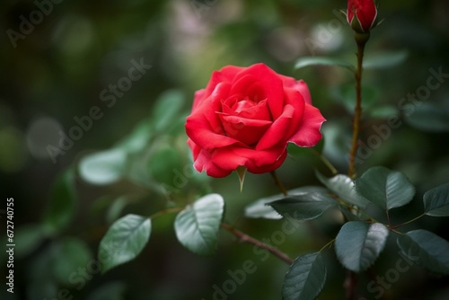 A red rose in the center of a leafy bush with a blurry background. Generative AI