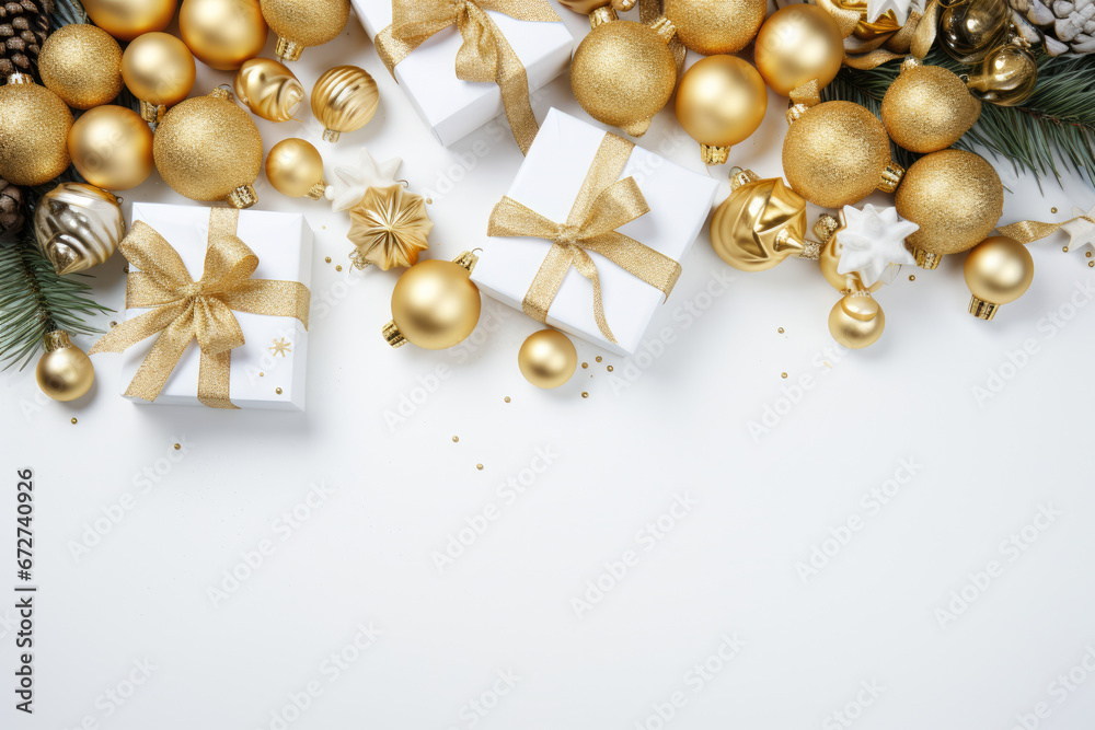 Gold, white and red christmas ornaments on white background. Copy/blank space for text. Gold, white and red christmas ornaments on white background. Copy/blank space for text.