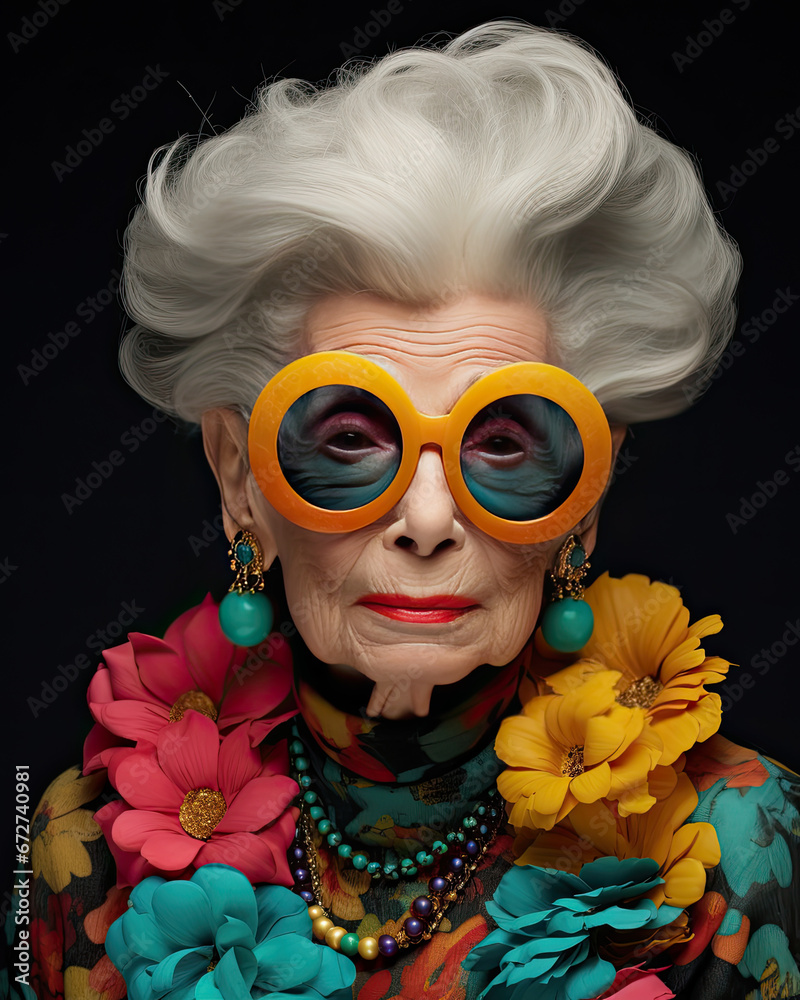 Elderly Woman Embodies Eclectic Maximalist Style with her Weavy Hairs, Big Sunglasses and Colorful Clothing, aspect ratio 4:5 Elderly Woman Embodies Eclectic Maximalist Style with her Weavy Hairs, Big Sunglasses and Colorful Clothing, aspect ratio 4:5