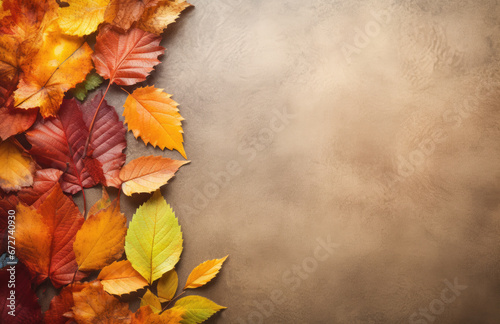 Fall leaf background on blurry, natural background with colorful shades. Copy/blank space for text.