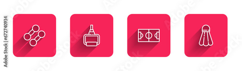 Set line Dumbbell, TPX loop training equipment, Football or soccer field and Badminton shuttlecock with long shadow. Red square button. Vector