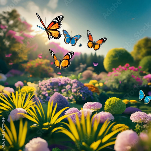 a peaceful  sunlit garden with colorful butterflies hovering around blooming flowers.