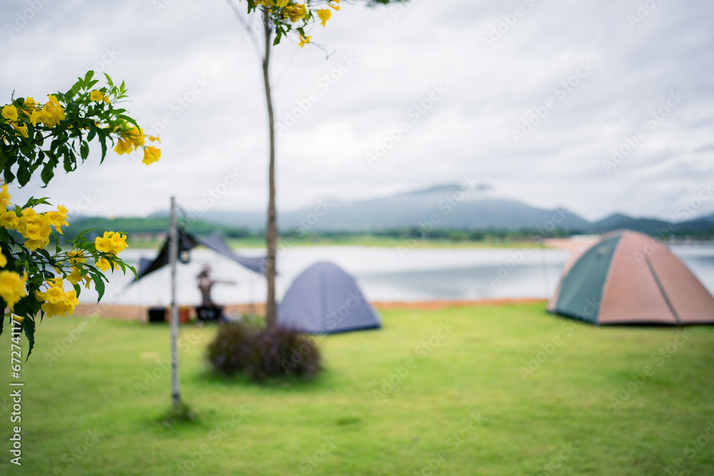 Tent on green grass by the lake, mountain view in the morning, focus on yellow flowers.