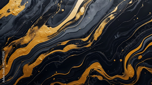Abstract marble marbled ink painted painting texture luxury background banner, Black waves swirls gold painted splashes, Generative AI	