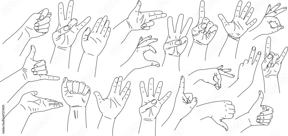 Hand collection line. Vector Illustration of hands of different gestures - victory, okay. Lineart in a trendy minimalist style. Logo design, hand cream, nail Studio, posters, cards. 
