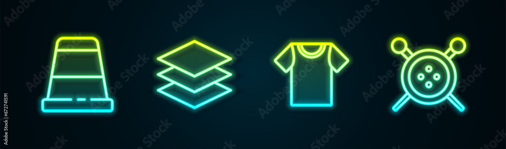 Set line Thimble for sewing, Layers clothing textile, T-shirt and Sewing button and knitting needles. Glowing neon icon. Vector Set line Thimble for sewing, Layers clothing textile, T-shirt and Sewing button and knitting needles. Glowing neon icon. Vector