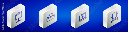Set Isometric line Projection screen, 3D cinema glasses, Online play video and Cinema chair icon. Vector