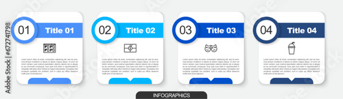 Set line Online play video, Old film movie countdown frame, Comedy and tragedy masks and Paper glass with straw. Business infographic template. Vector