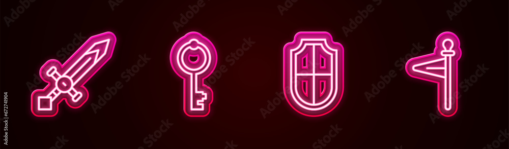 Set line Medieval sword, Old key, Shield and flag. Glowing neon icon. Vector Set line Medieval sword, Old key, Shield and flag. Glowing neon icon. Vector