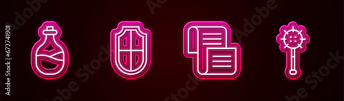 Set line Old bottle of wine, Shield, Decree, parchment, scroll and Medieval chained mace ball. Glowing neon icon. Vector