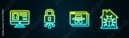 Set line Create account screen, Cyber security, Browser incognito window and House system bug. Glowing neon icon. Vector