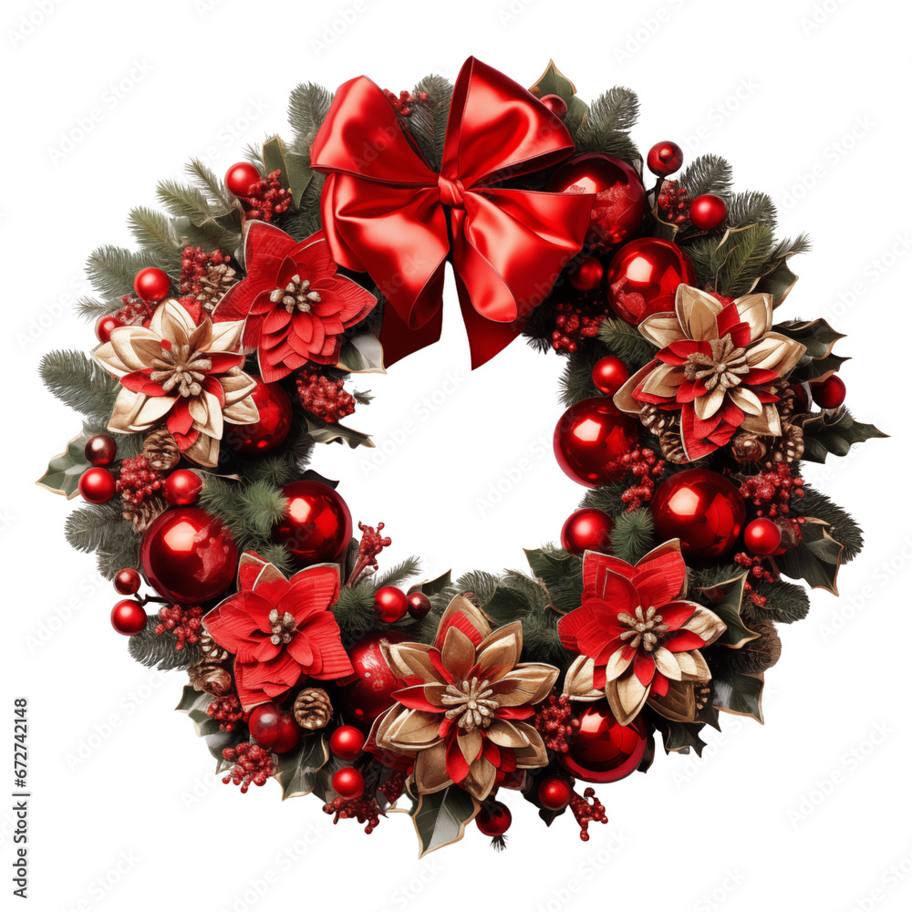 Christmas fir wreath with christmas decoration on white background