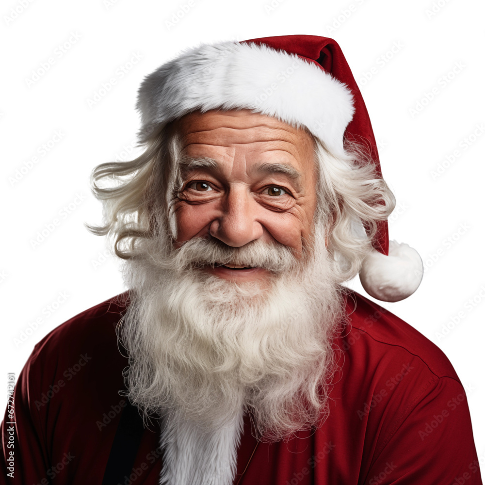 Portrait of smiling senior man in Santa Claus hat with long white beard looking at camera against white background Portrait of smiling senior man in Santa Claus hat with long white beard looking at camera against white background