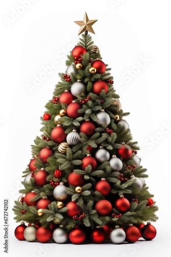 Christmas pine tree with decoration on white background