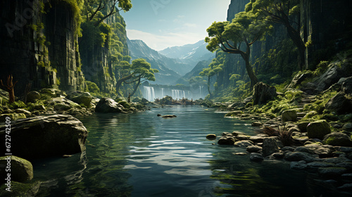 breathtaking landscape with river in the forest and trees background 16:9 widescreen backdrop wallpapers