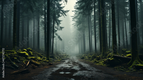 breathtaking landscape with road in the misty woods background 16:9 widescreen backdrop wallpapers © elementalicious