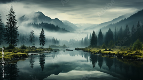 breathtaking landscape with misty lake in mountains background 16:9 widescreen backdrop wallpapers © elementalicious