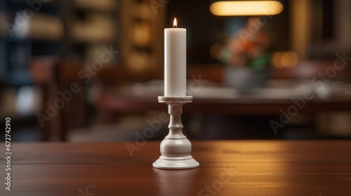 mock up, single white candlestick on brown table, blurry background, copy space, 16:9
