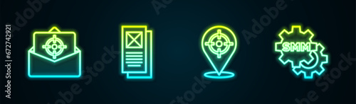 Set line Mail and e-mail, Browser window, Target sport and Social media marketing. Glowing neon icon. Vector
