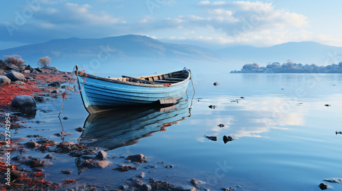 breathtaking landscape from the coast with lake and boat background 16:9 widescreen backdrop wallpapers photo