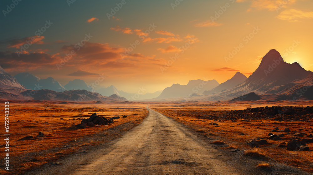 breathtaking landscape road in a desert valley background 16:9 widescreen backdrop wallpapers - obrazy, fototapety, plakaty 