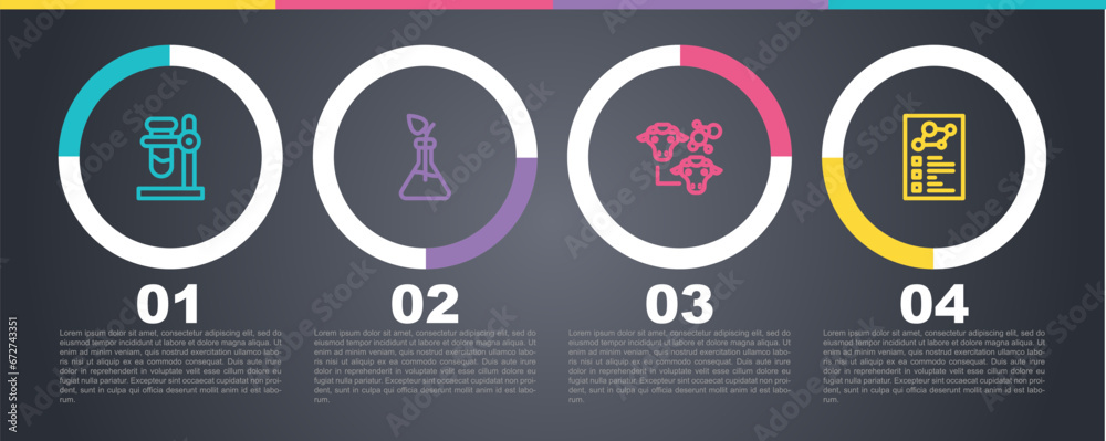 Set line Test tube flask on stand, Plant breeding, Cloning and Clinical record. Business infographic template. Vector Set line Test tube flask on stand, Plant breeding, Cloning and Clinical record. Business infographic template. Vector
