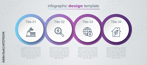 Set line Factory, Lightning bolt, Global energy power planet and Eco friendly house. Business infographic template. Vector