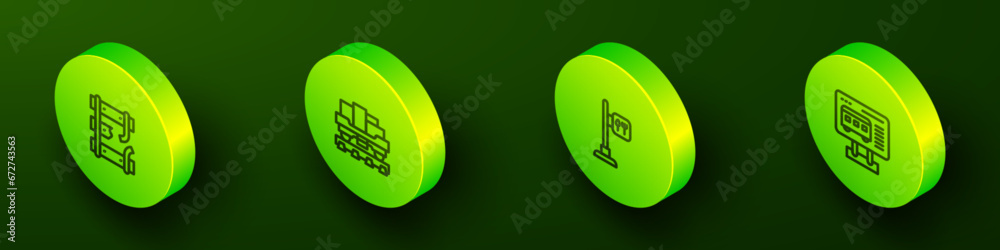 Set Isometric line Broken rails on a railway, Cargo train wagon, Cafe and restaurant location and Ticket office to buy tickets icon. Vector Set Isometric line Broken rails on a railway, Cargo train wagon, Cafe and restaurant location and Ticket office to buy tickets icon. Vector