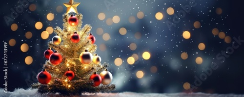 Decorated Christmas tree with ormanet, glass balls on blurred background. Generative ai photo