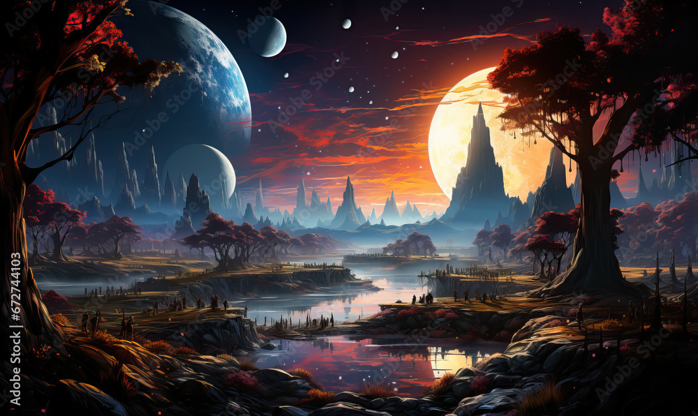 Fantastic night landscape of an unknown planet. - obrazy, fototapety, plakaty 