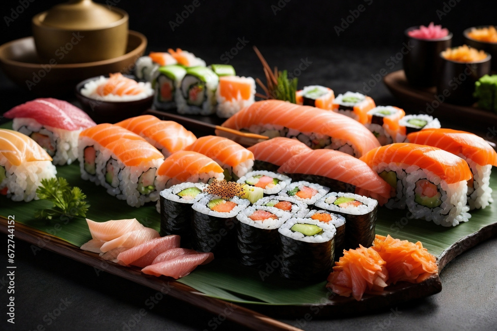 A beautifully arranged assortment of sushi rolls, sashimi, and nigiri on a sleek ardesia background, highlighting the sophistication of Japanese cuisine. generative Ai. A beautifully arranged assortment of sushi rolls, sashimi, and nigiri on a sleek ardesia background, highlighting the sophistication of Japanese cuisine. generative Ai.