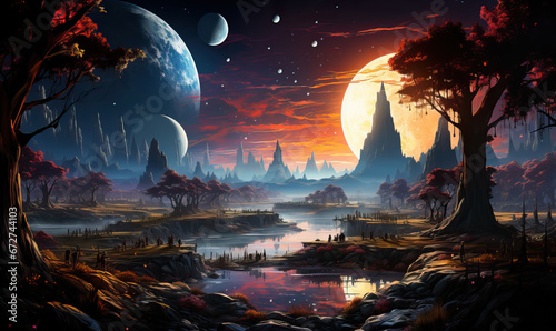 Fantastic night landscape of an unknown planet. photo