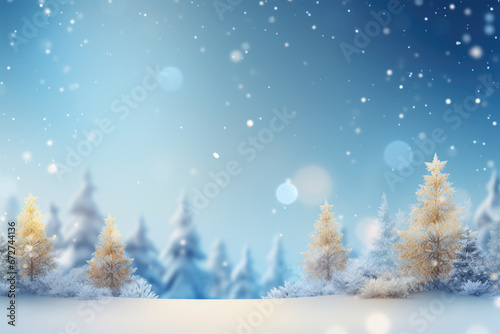 A christmas background with lights and snow falling from trees. © PixelGallery