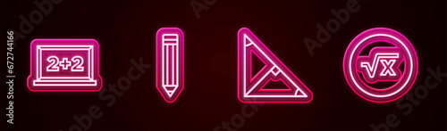 Set line Chalkboard, Pencil, Angle bisector of triangle and Square root x glyph. Glowing neon icon. Vector