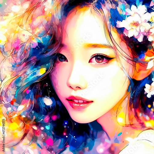 Beautiful Korean woman face in painting style with colorful spots. © Tito