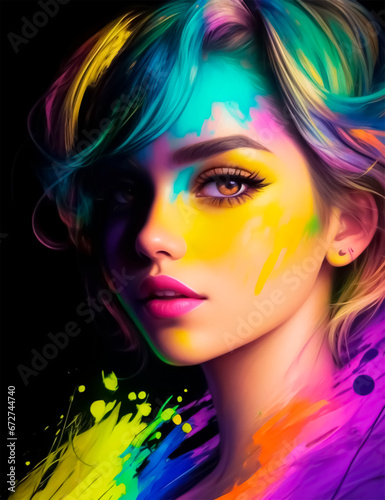 Beautiful face of pretty woman in a colorful pop art style with paint stains on a black background