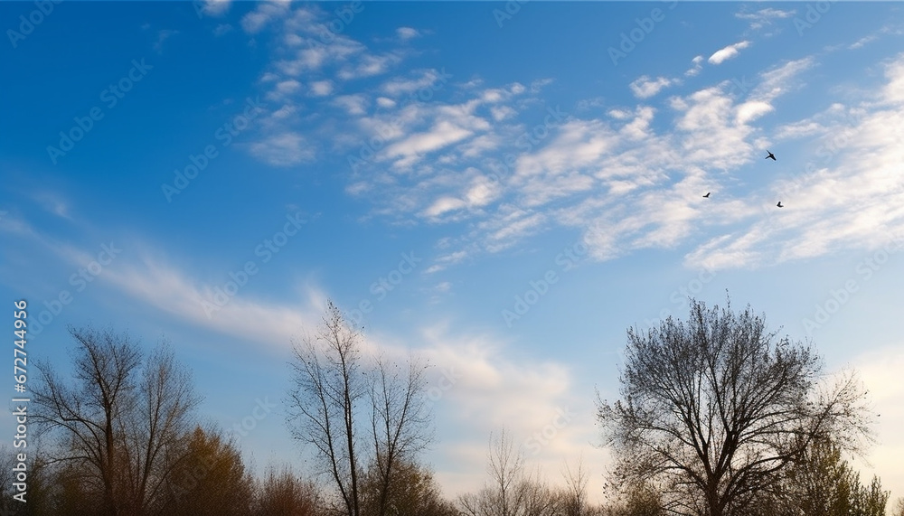 Flying airplane in clear sky over winter forest landscape scenery generated by AI