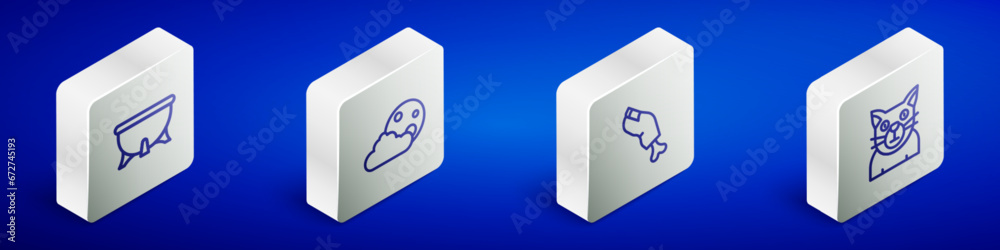 Set Isometric line Halloween witch cauldron, Moon and stars, Zombie finger and Cat icon. Vector Set Isometric line Halloween witch cauldron, Moon and stars, Zombie finger and Cat icon. Vector